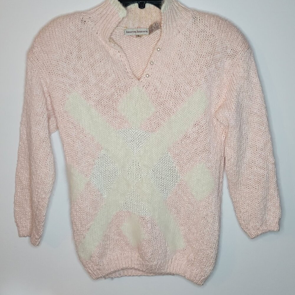 VTG 80s Womens Sz S Lauren Hansen Wool Blend Fuzzy Sweater 3/4 Sleeve